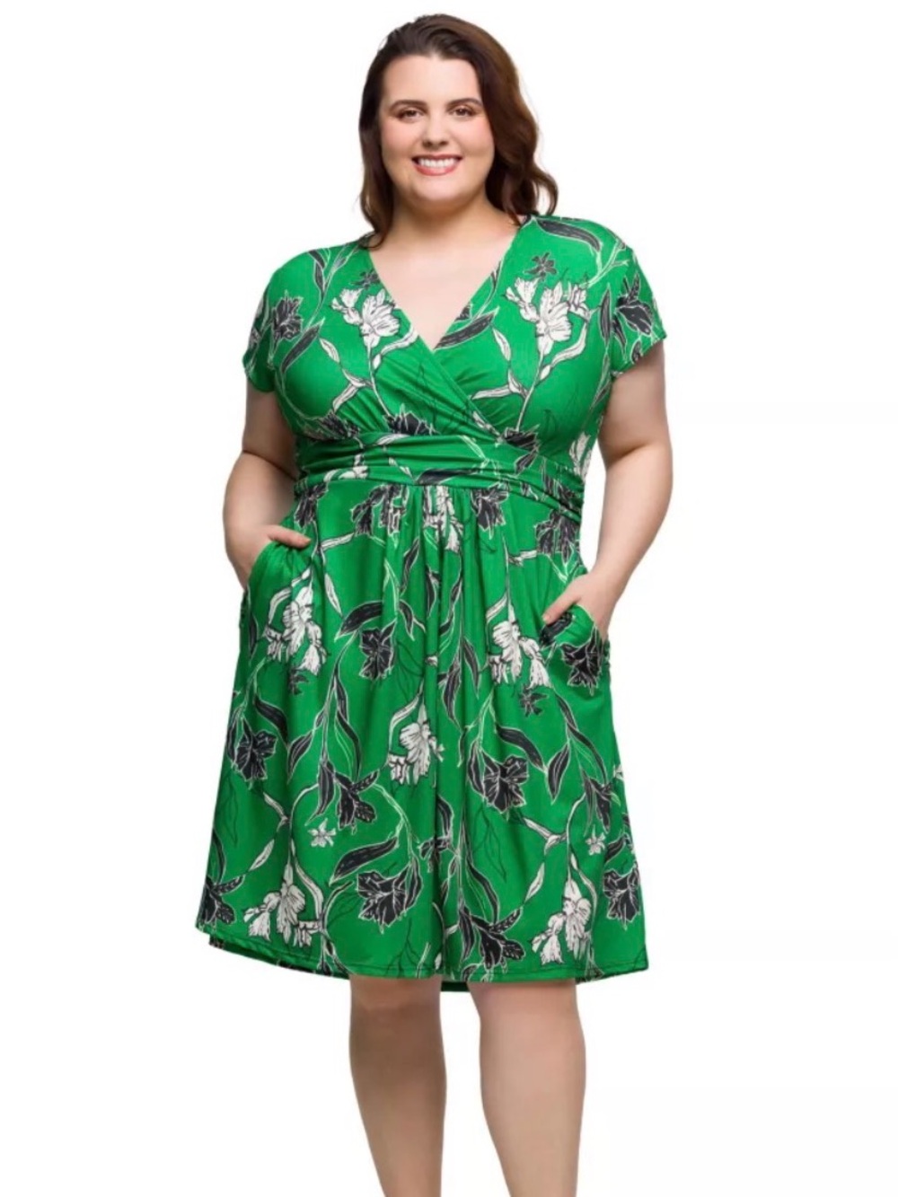 24Seven Women's 3X Green Floral Cap Sleeve Knee-Length Deep V-Neck Dress NWT
